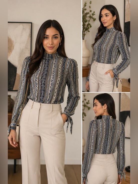Free People Tops - Free People Mock Neck Printed Top | Navy & Beige | Stretchy